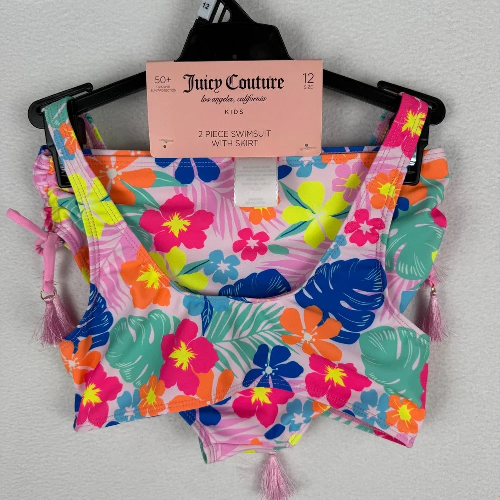NEW Juicy Couture 2 Piece Swimsuit Kids 12 Pink Colorful Floral Tassel Bikini